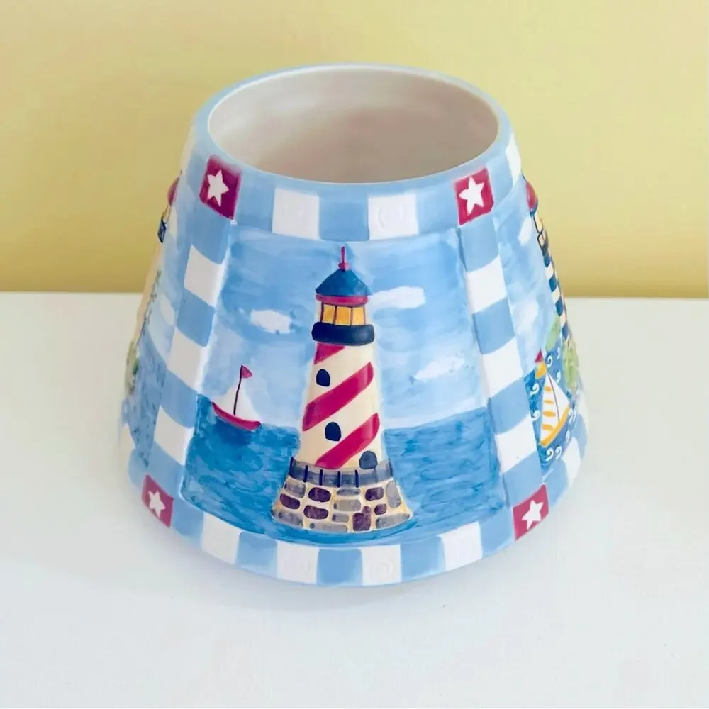Vtg 1998 Yankee Candle Ceramic Jar Shade Topper Lighthouse Coastal Breeze